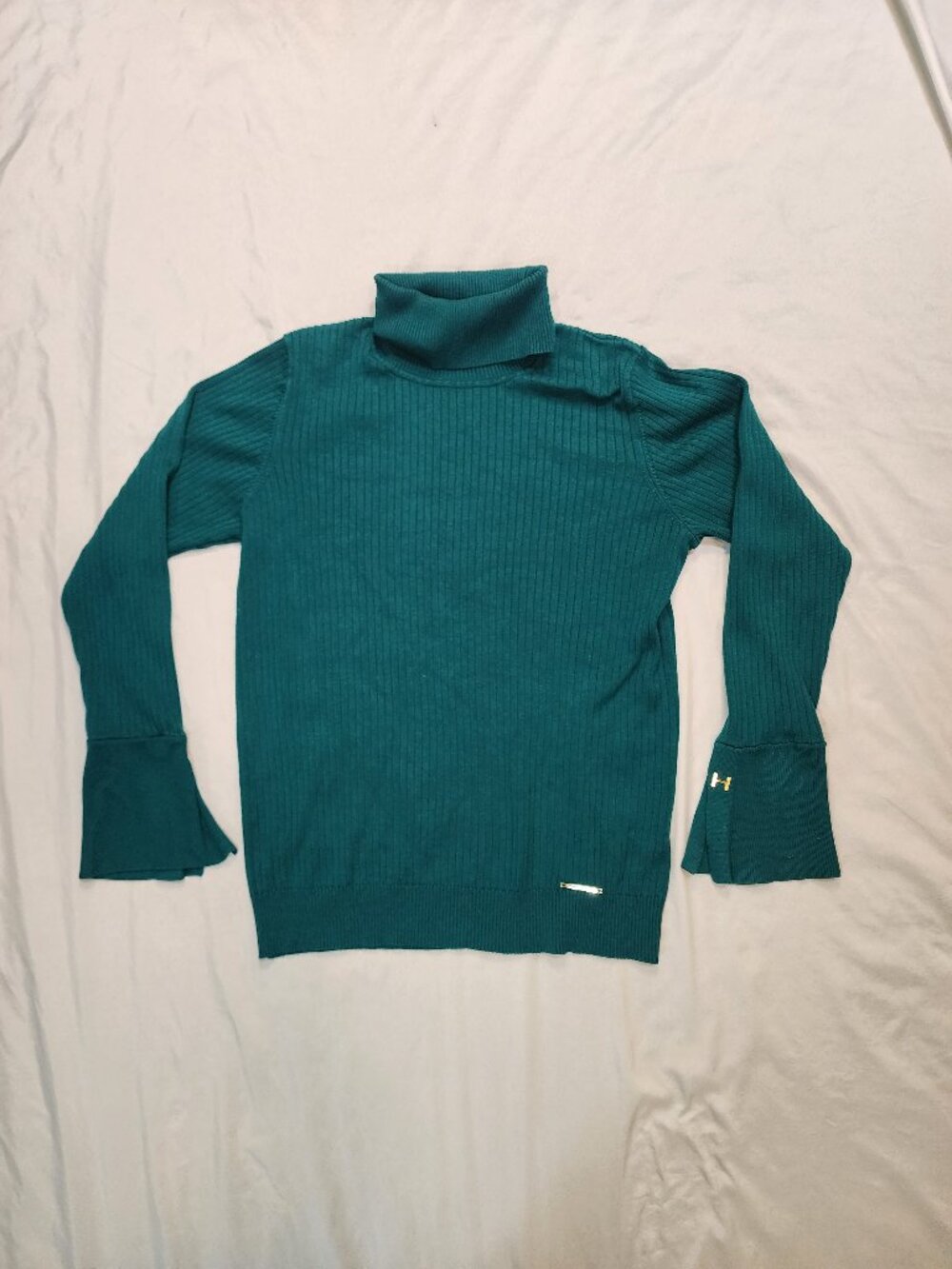 Halston Teal Ribbed Turtleneck Flare Cuff Sweater L